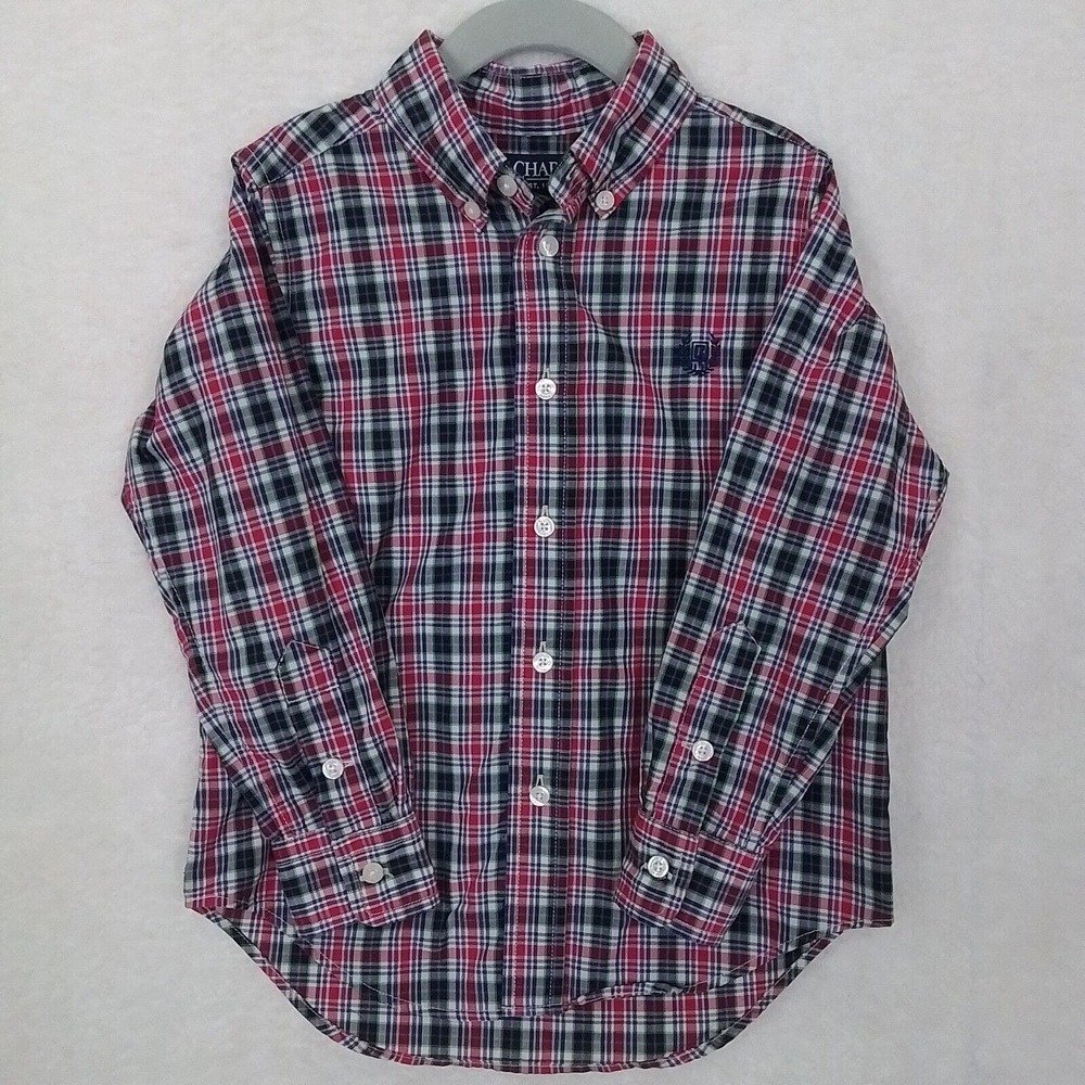 Chaps Boys Cotton Button Down Shirt Sz 4‎ Red Black Plaid Long Sleeves